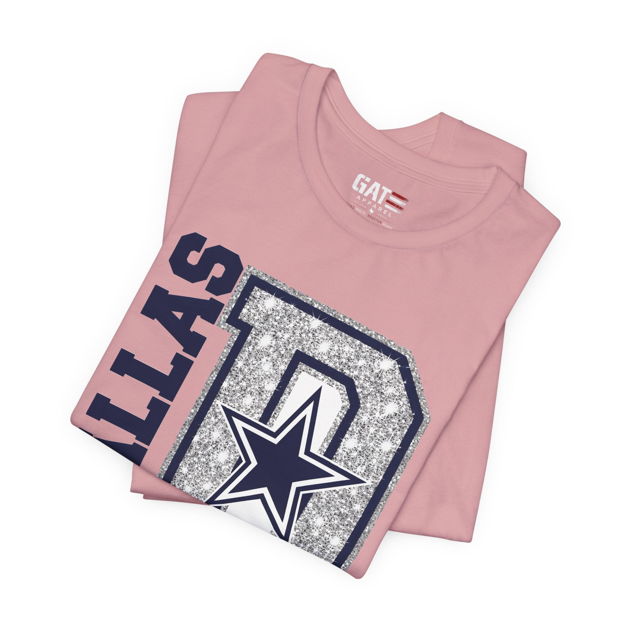 Dallas Football Glitter D Shirt, Blue and Silver Game Day Tee, Western Script Graphic Shirt, Sparkle Fan Apparel
