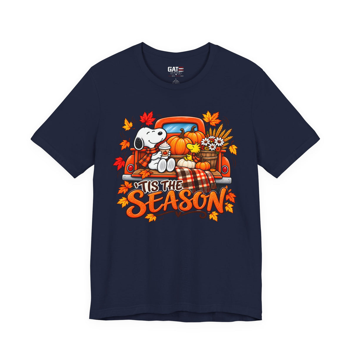 Snoopy pumpkin truck Tis the Season fall graphic T-shirt, navy front view