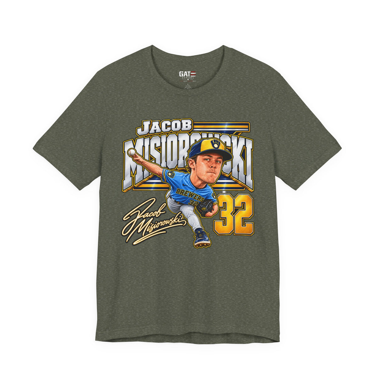 Jacob Misiorowski number 32 Brewers baseball graphic T-shirt, dark olive front view