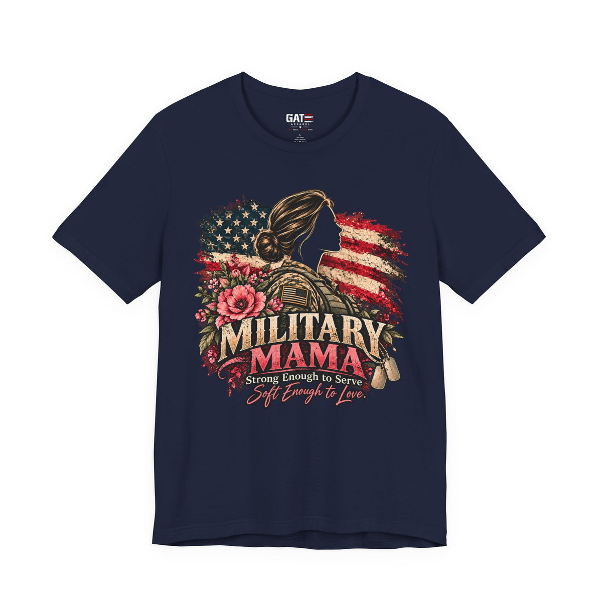 Military Mama Tee — Patriotic Mom Shirt with American Flag & Floral Combat Design