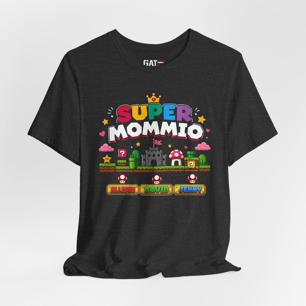 Personalized Super Mommio Shirt, Gamer Mom Shirt with Kids Names, Custom Mother's Day Gift, Retro Video Game Family Tee