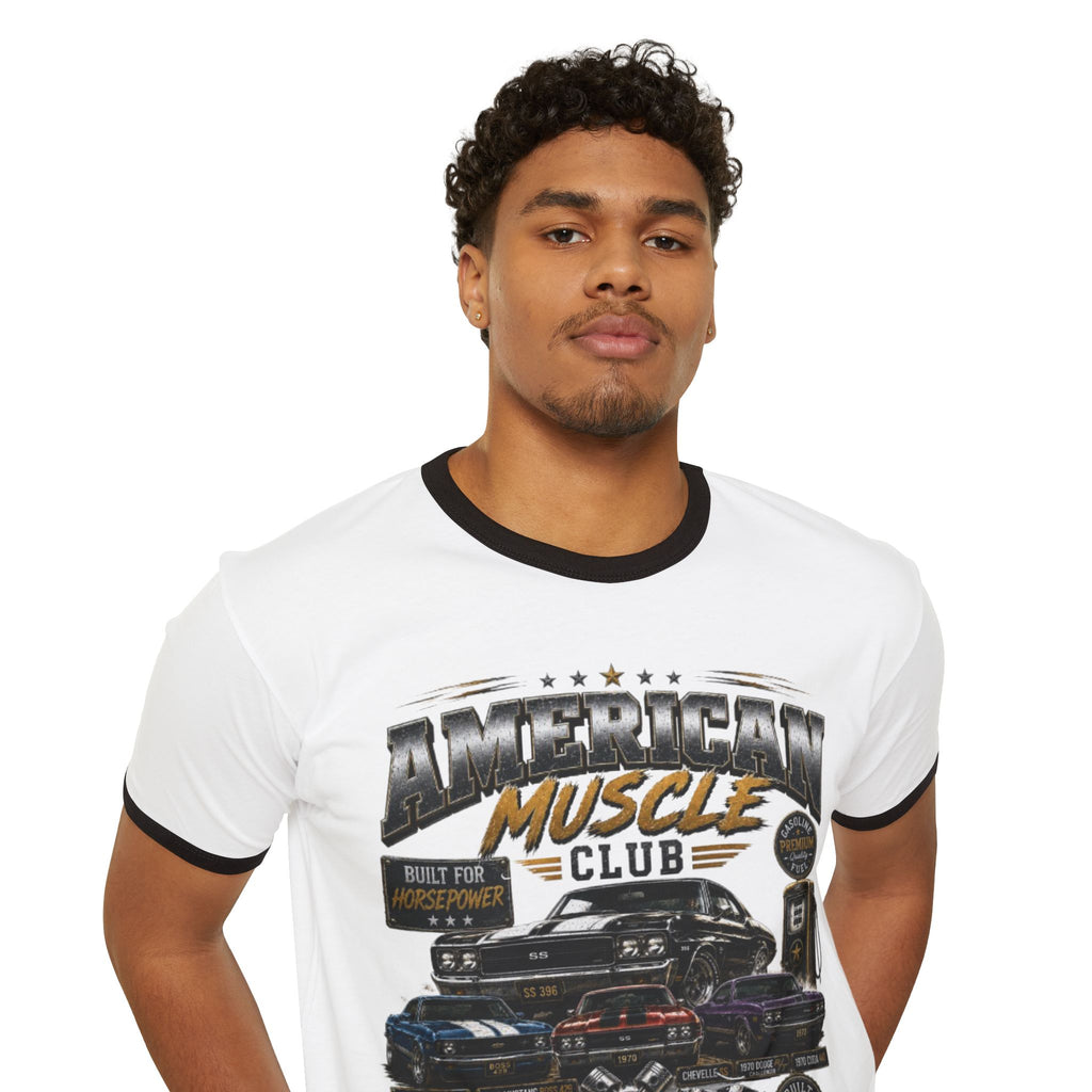 Muscle Car Ringer T-Shirt — "American Muscle Club" Vintage Auto Graphic