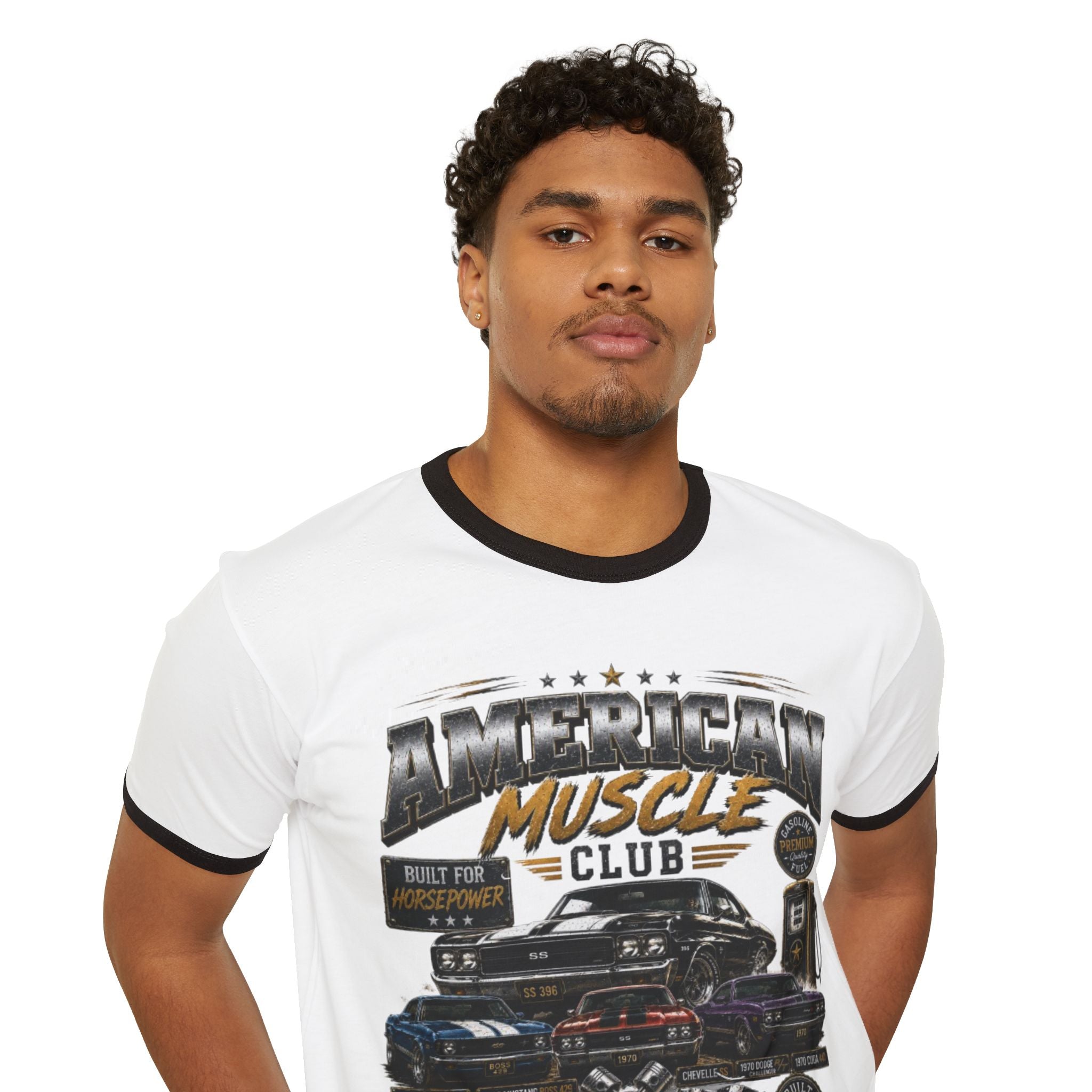 Muscle Car Ringer T-Shirt — "American Muscle Club" Vintage Auto Graphic