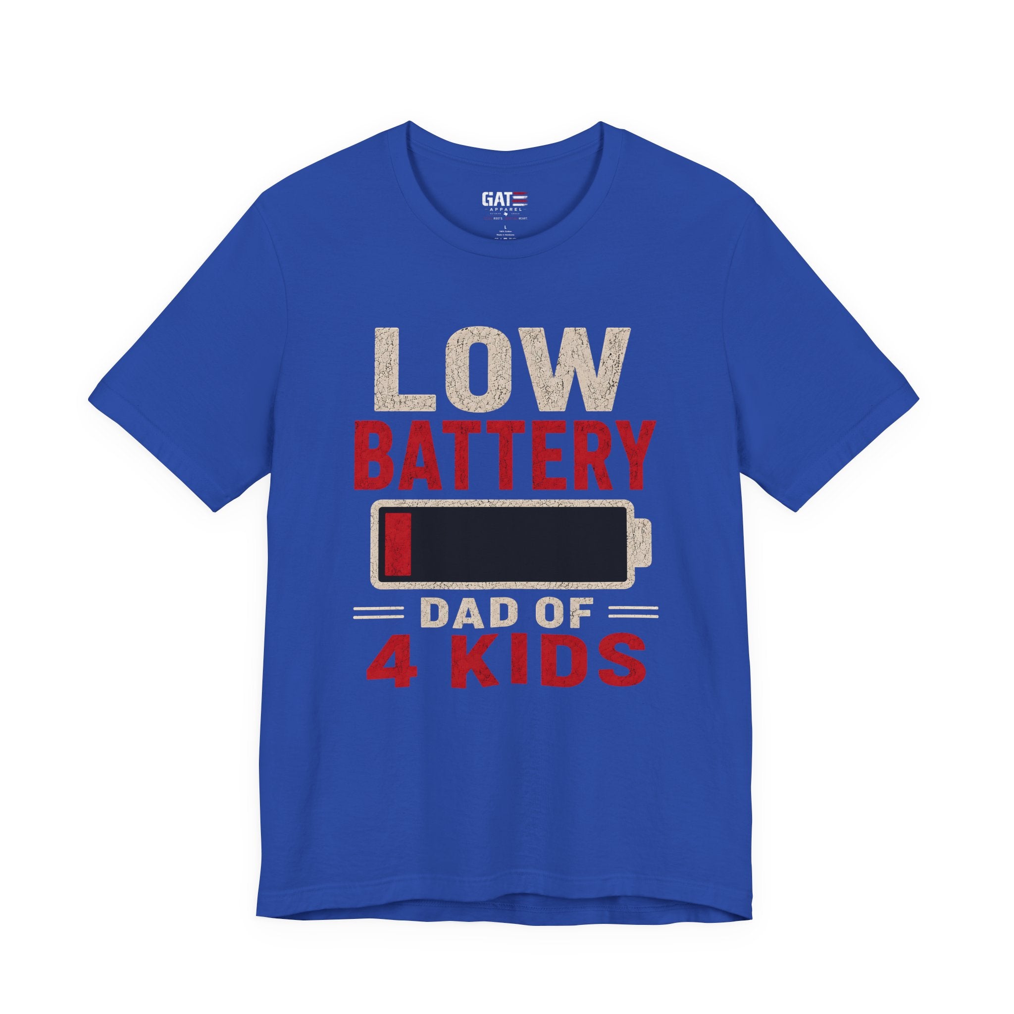 Low Battery Dad of 4 Kids Shirt, Funny Tired Dad Tee, Father of Four Gift, Parenting Humor Shirt, Exhausted Dad Graphic Tee