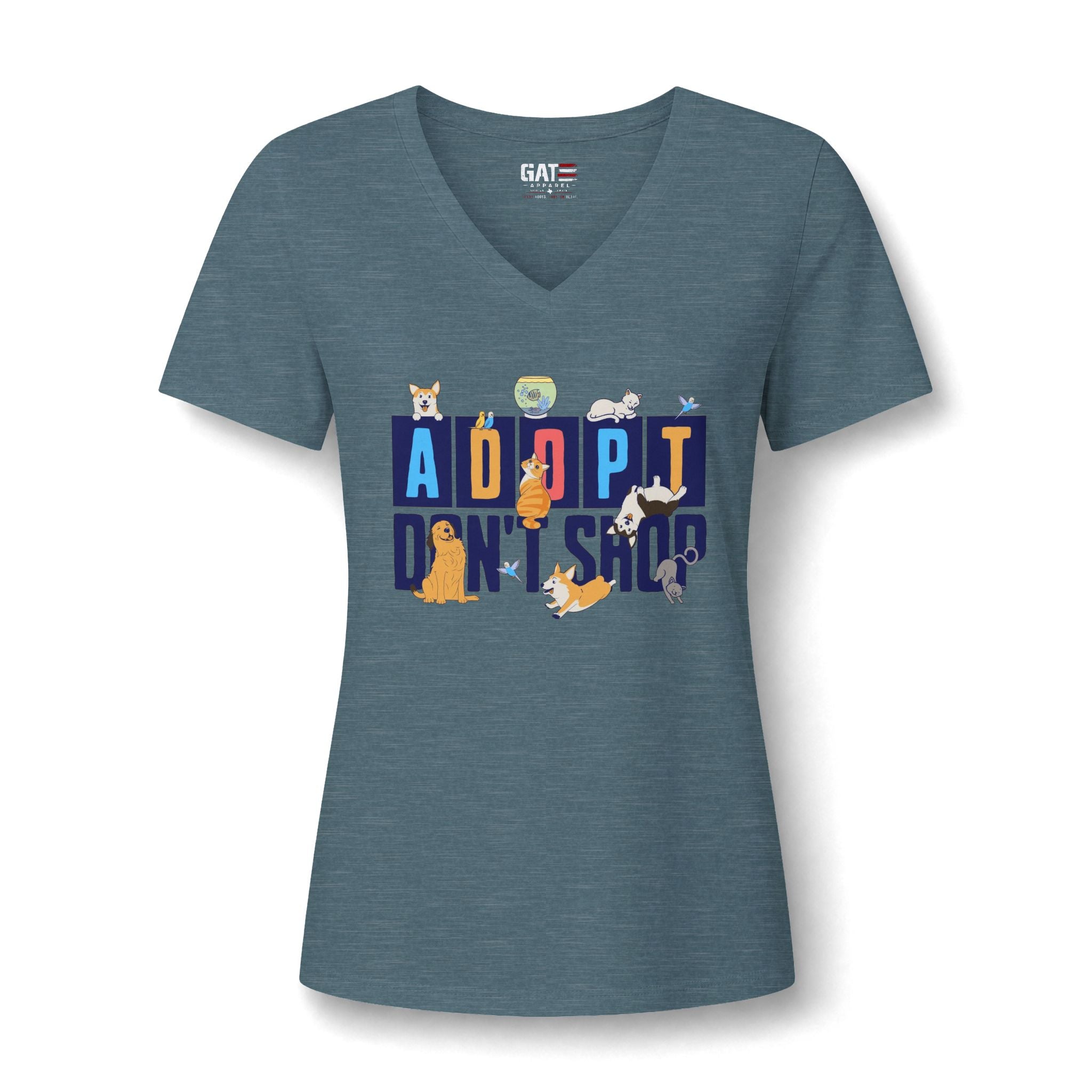 Adopt Don’t Shop V-Neck Tee — Women’s Rescue Pet Adoption Shirt