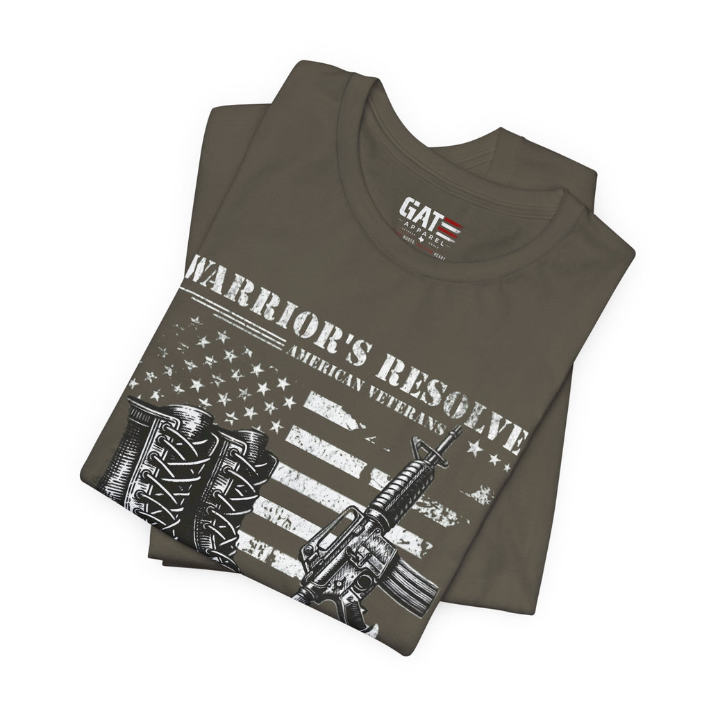 Warrior's Resolve Boots & Flag graphic Tee | Veteran USA Military Shirt
