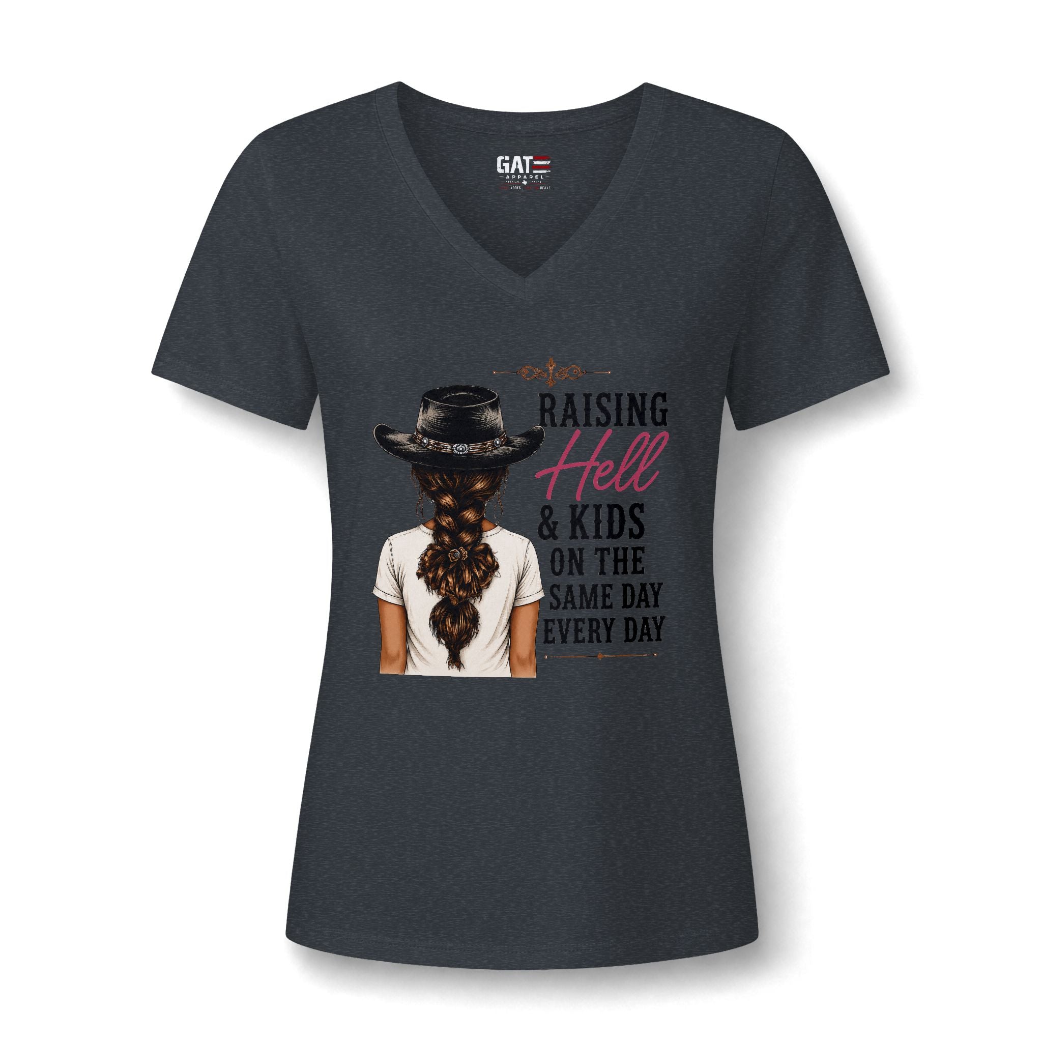 Women’s V-Neck Tee — “Raising Hell & Kids on the Same Day Every Day” Graphic
