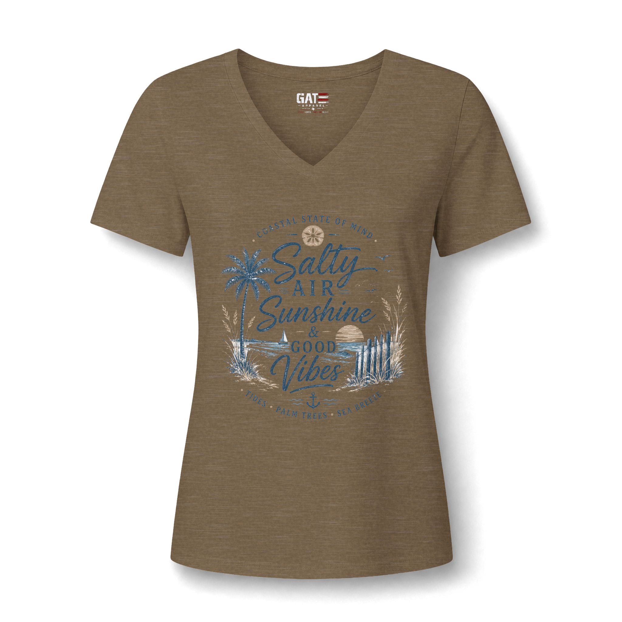 Women's V-Neck Tee — "Salty Air, Sunshine & Good Vibes" Beach Graphic
