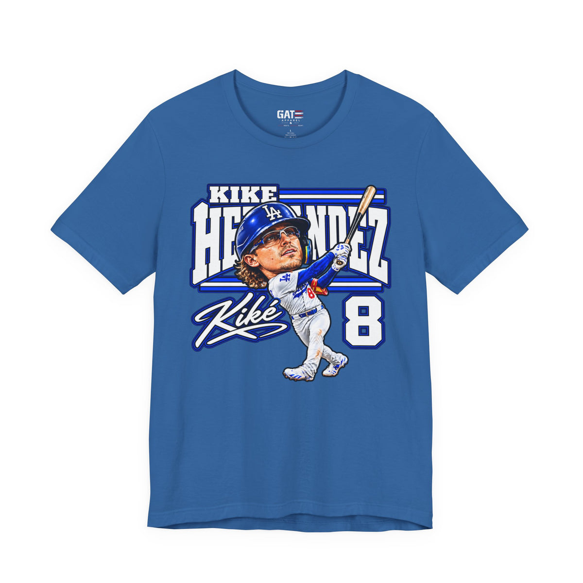 Kiké Hernández number 8 Dodgers baseball graphic T-shirt, blue front view