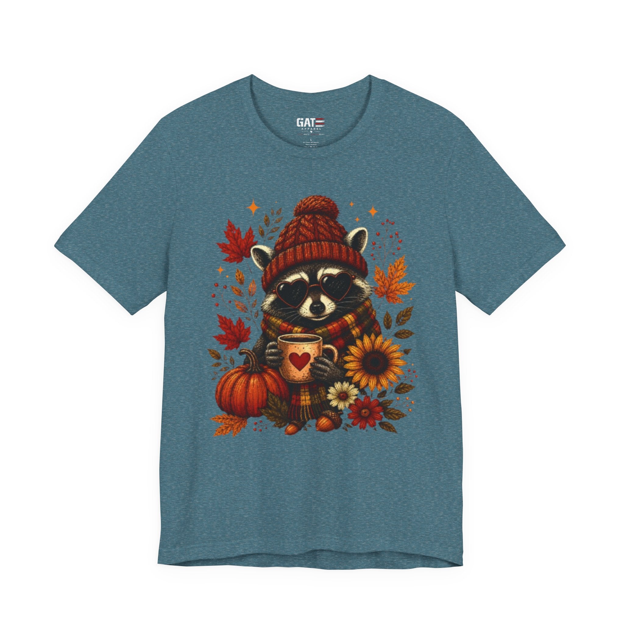 Autumn Cozy Raccoon Tee – Cute Fall Pumpkin & Hot Cocoa Shirt