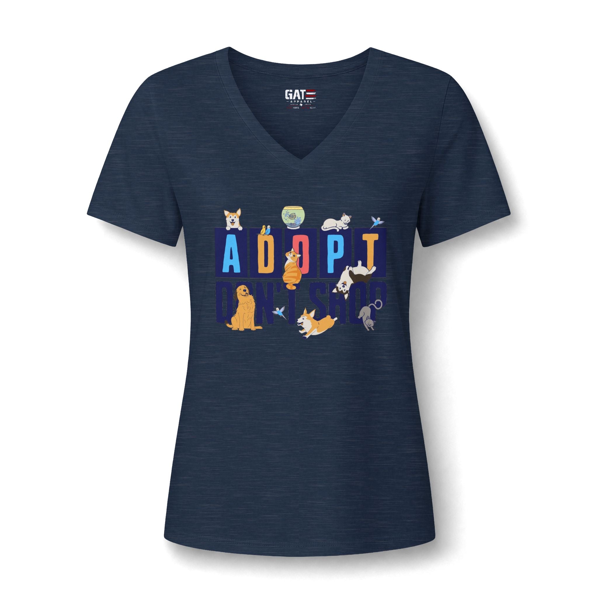 Adopt Don’t Shop V-Neck Tee — Women’s Rescue Pet Adoption Shirt