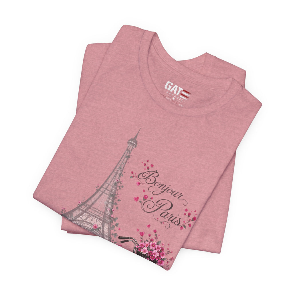 Bonjour Paris Eiffel Tower Bicycle Floral Graphic T-Shirt - alternate product image