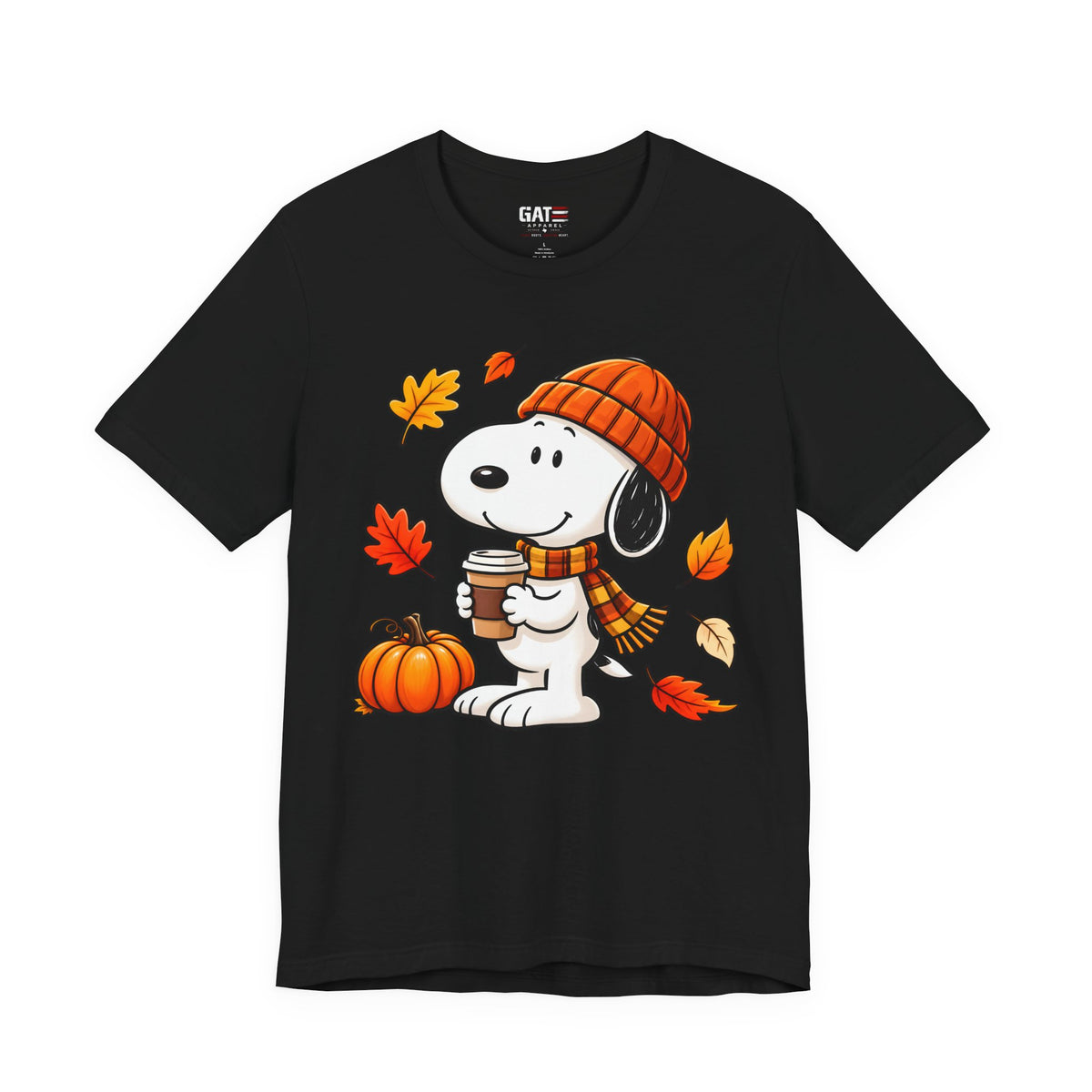 Snoopy coffee, pumpkins and autumn leaves graphic T-shirt, black front view