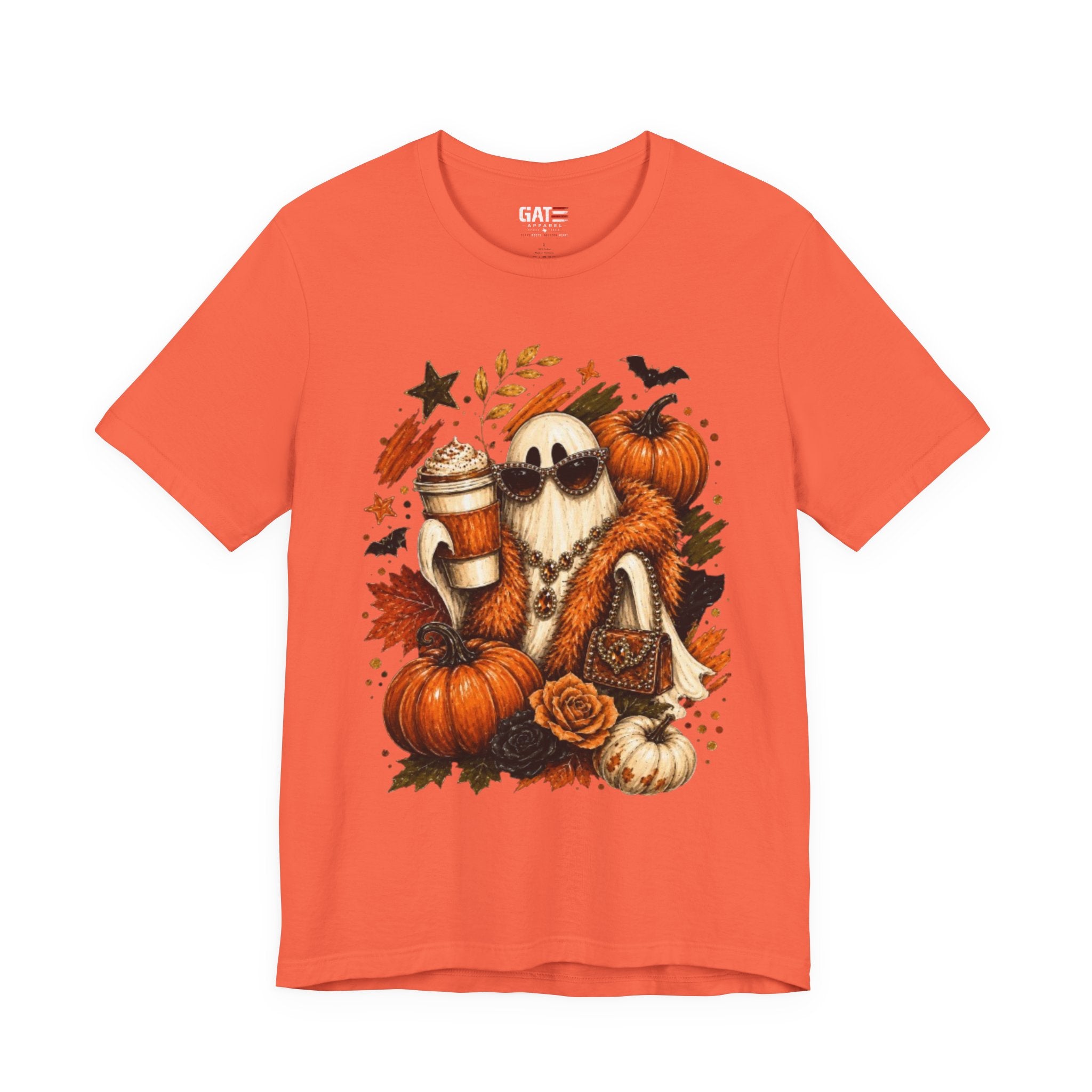 Halloween Pumpkin Ghost Tee — Cozy Fall Coffee & Pumpkins Graphic T-Shirt