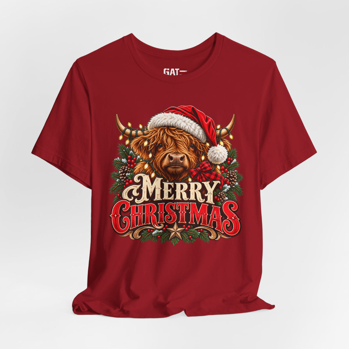 red Highland cow Santa hat Merry Christmas graphic T-shirt, styled front view