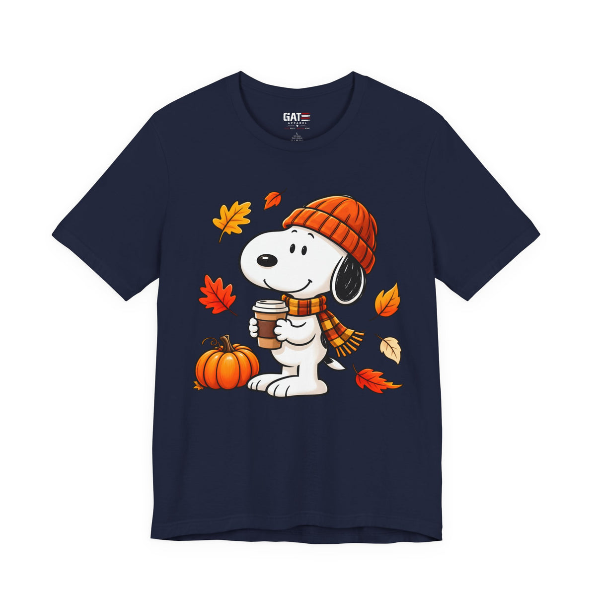 Snoopy coffee, pumpkins and autumn leaves graphic T-shirt, navy front view
