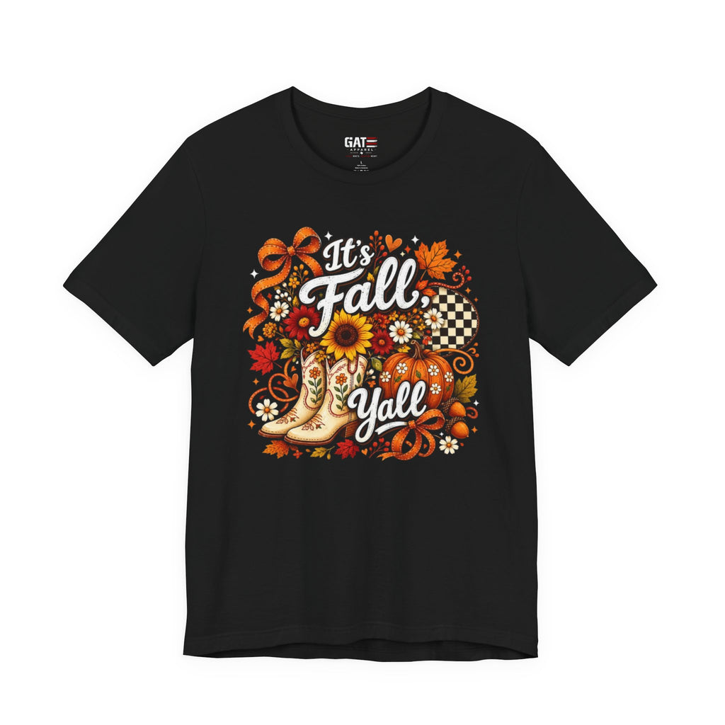 Fall Y'all Tee — Autumn Boots, Sunflowers & Plaid Graphic T-Shirt