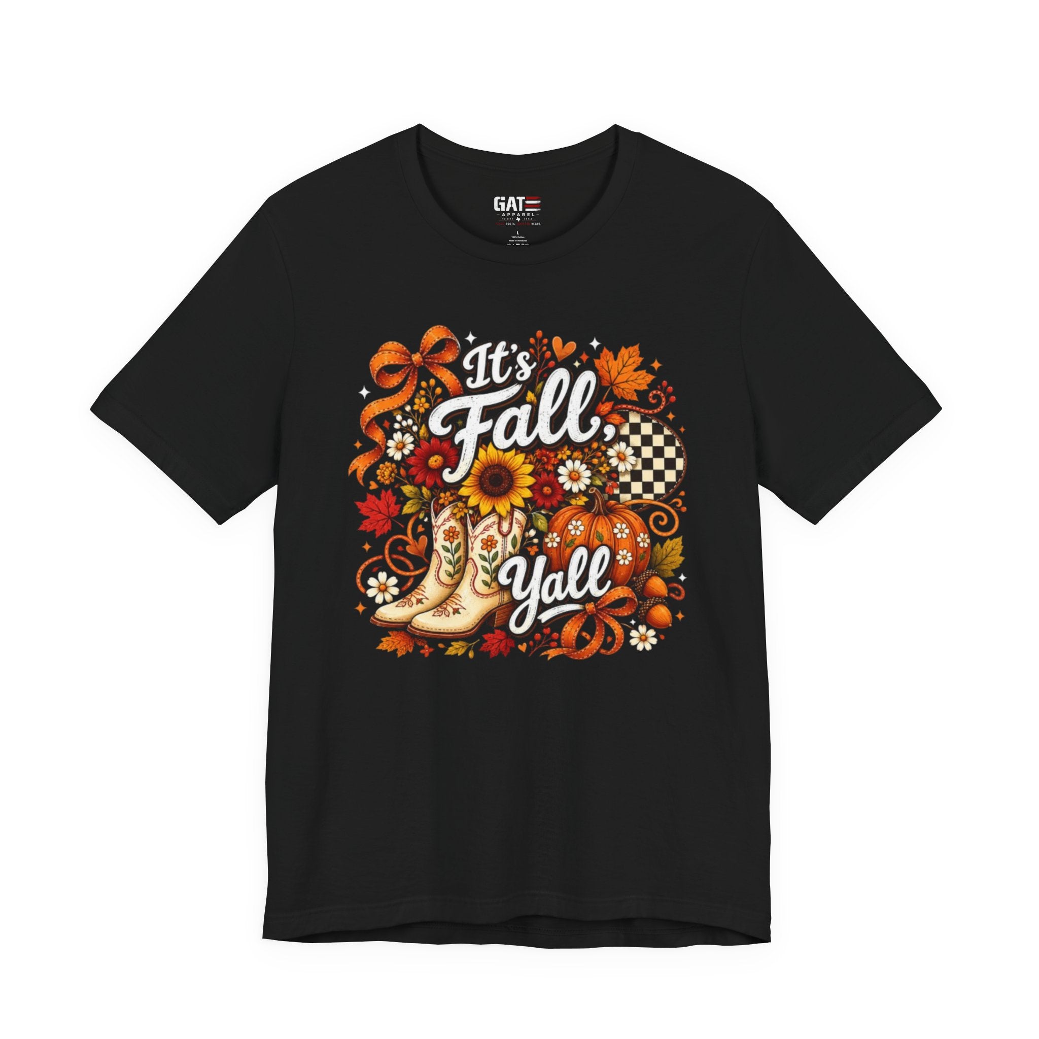 Fall Y'all Tee — Autumn Boots, Sunflowers & Plaid Graphic T-Shirt