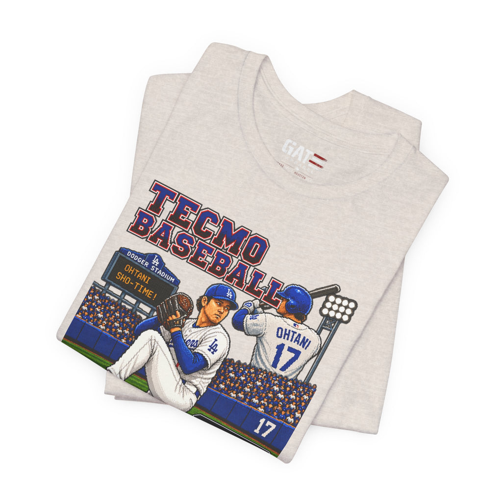 Shohei Ohtani Los Angeles Dodgers Retro Baseball Card Graphic Tee — 'Tecmo Baseball' Design