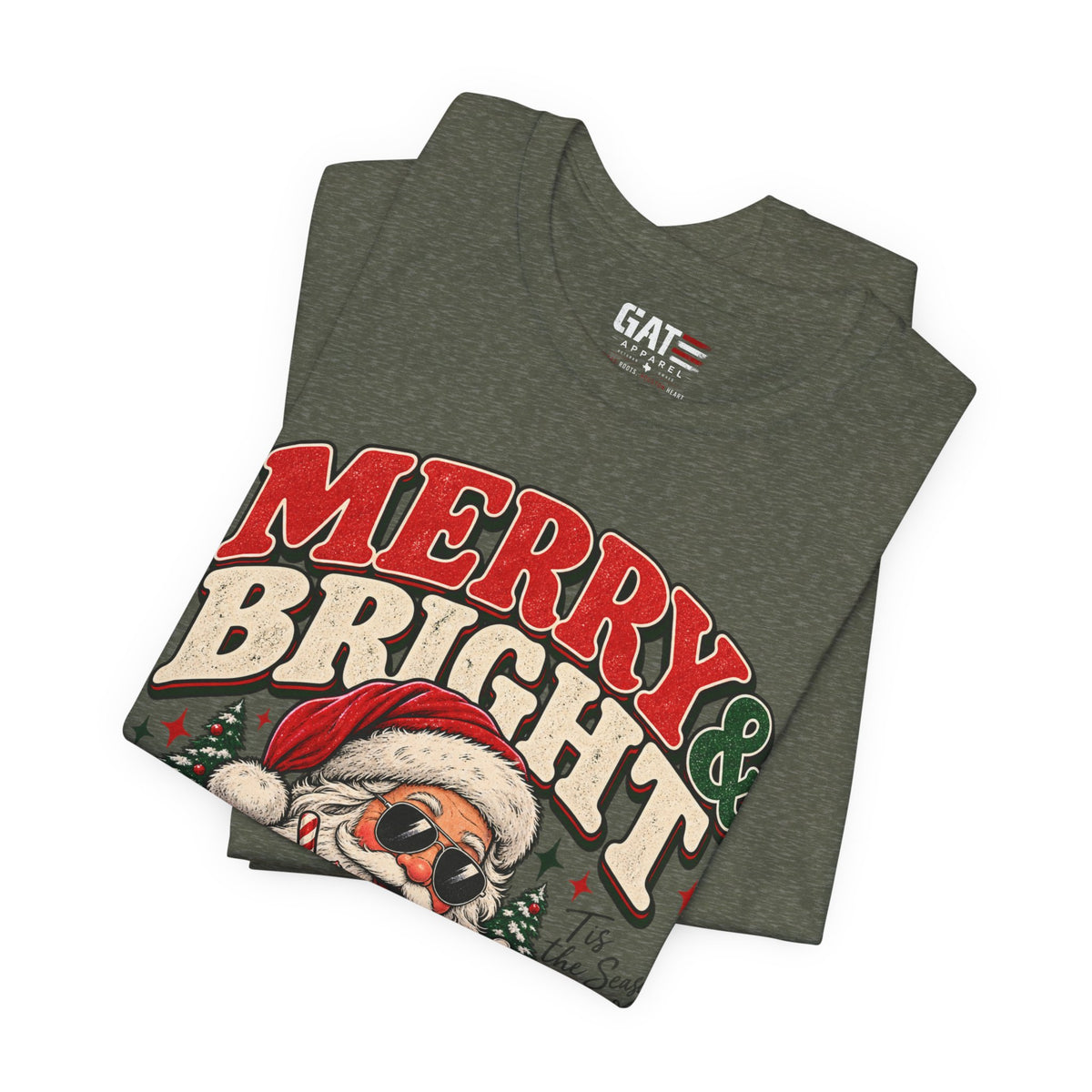 Merry & Bright Santa Tee – Retro Christmas Short Sleeve Shirt