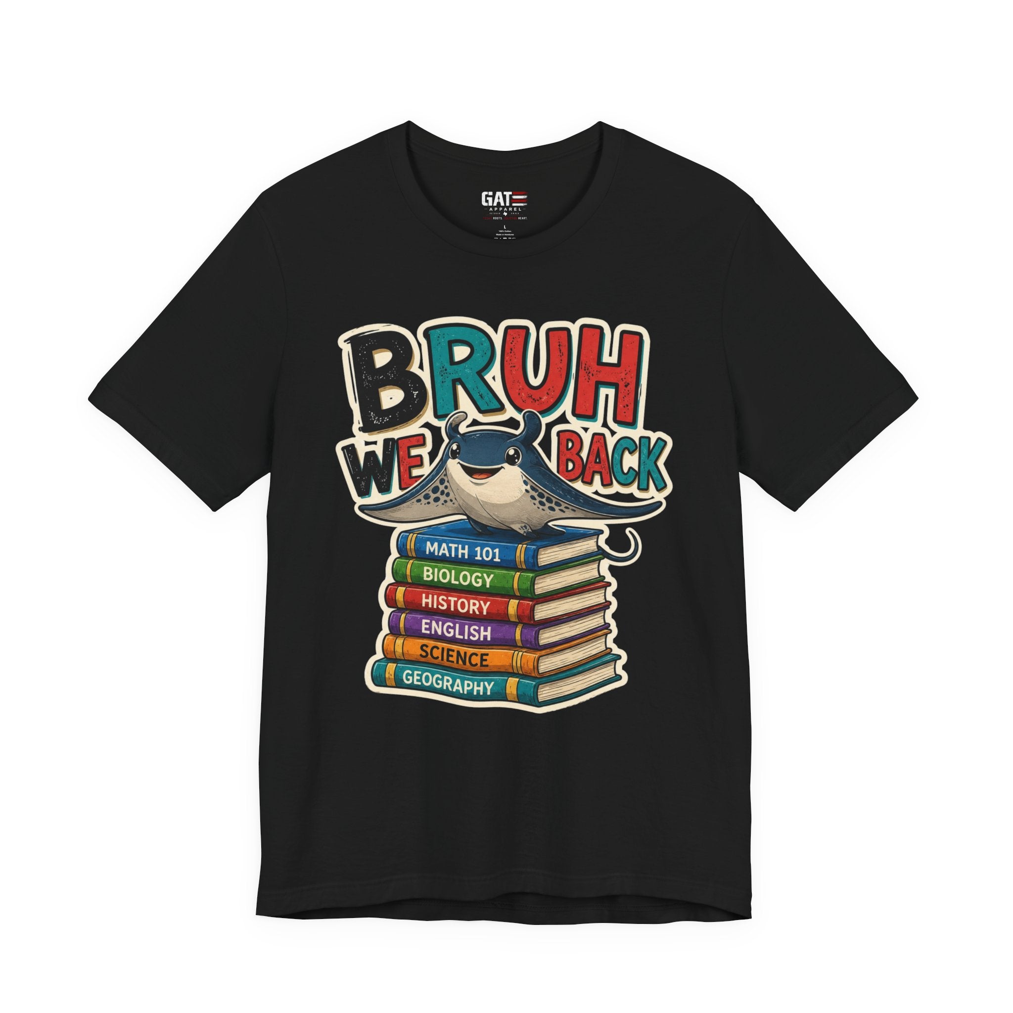 Bruh We Back T‑Shirt — Funny Back‑to‑School Shark on Books Tee