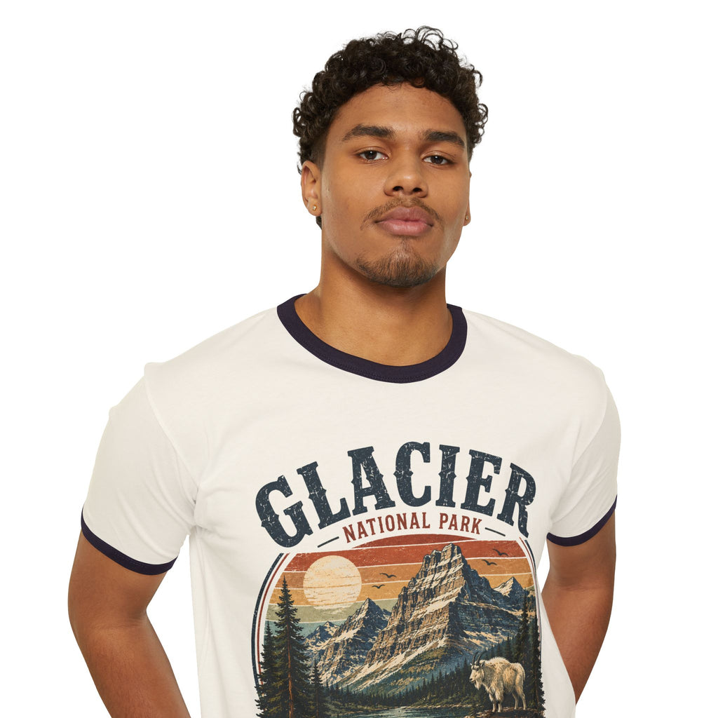 Glacier National Park Montana Ringer T-Shirt — Vintage Mountain & Grizzly Design