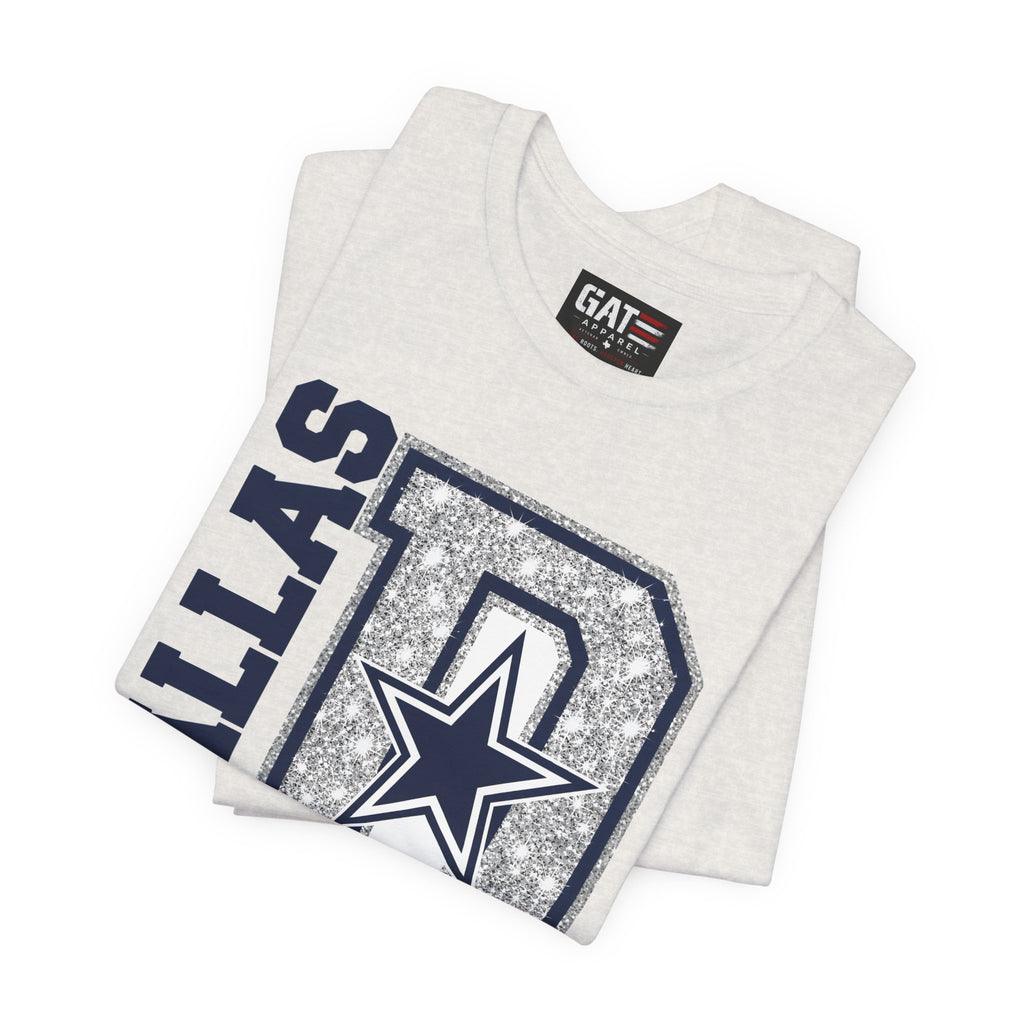 Dallas Football Glitter D Shirt, Blue and Silver Game Day Tee, Western Script Graphic Shirt, Sparkle Fan Apparel