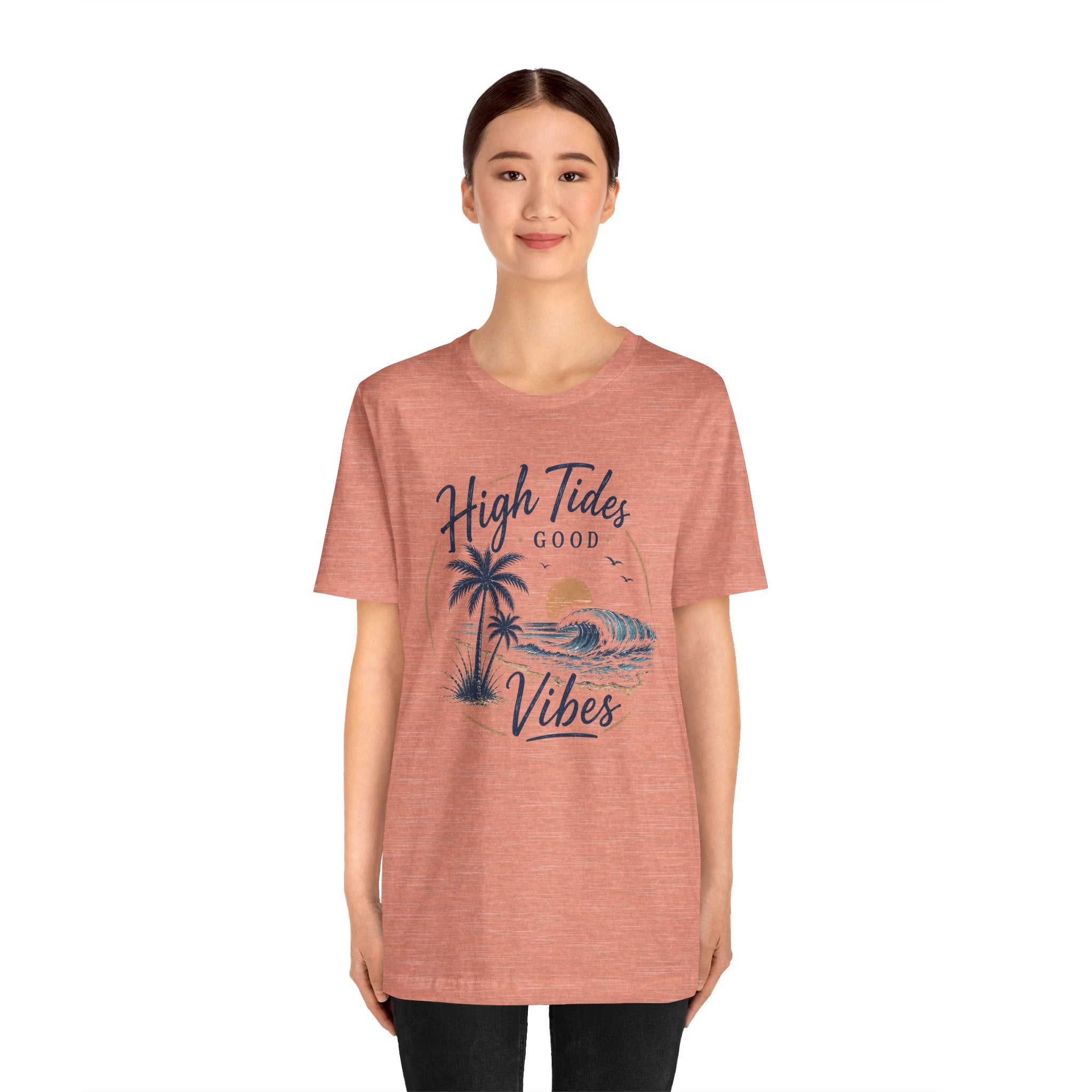 High Tides Good Vibes Beach T-Shirt — Sunset Palm Wave Graphic Tee