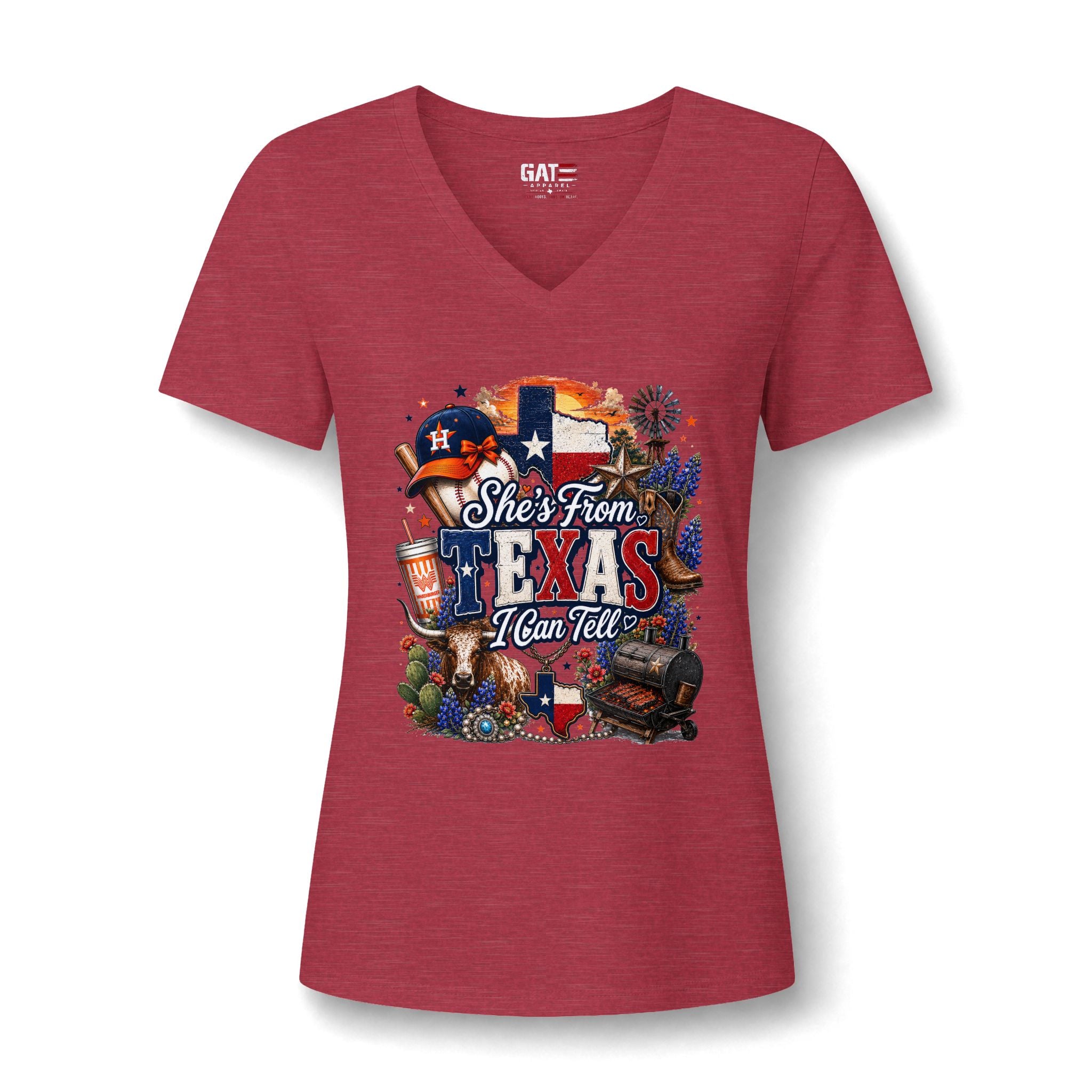 Texas Pride V-Neck Tee — "She's From Texas I Can Tell" Women's Relaxed Shirt