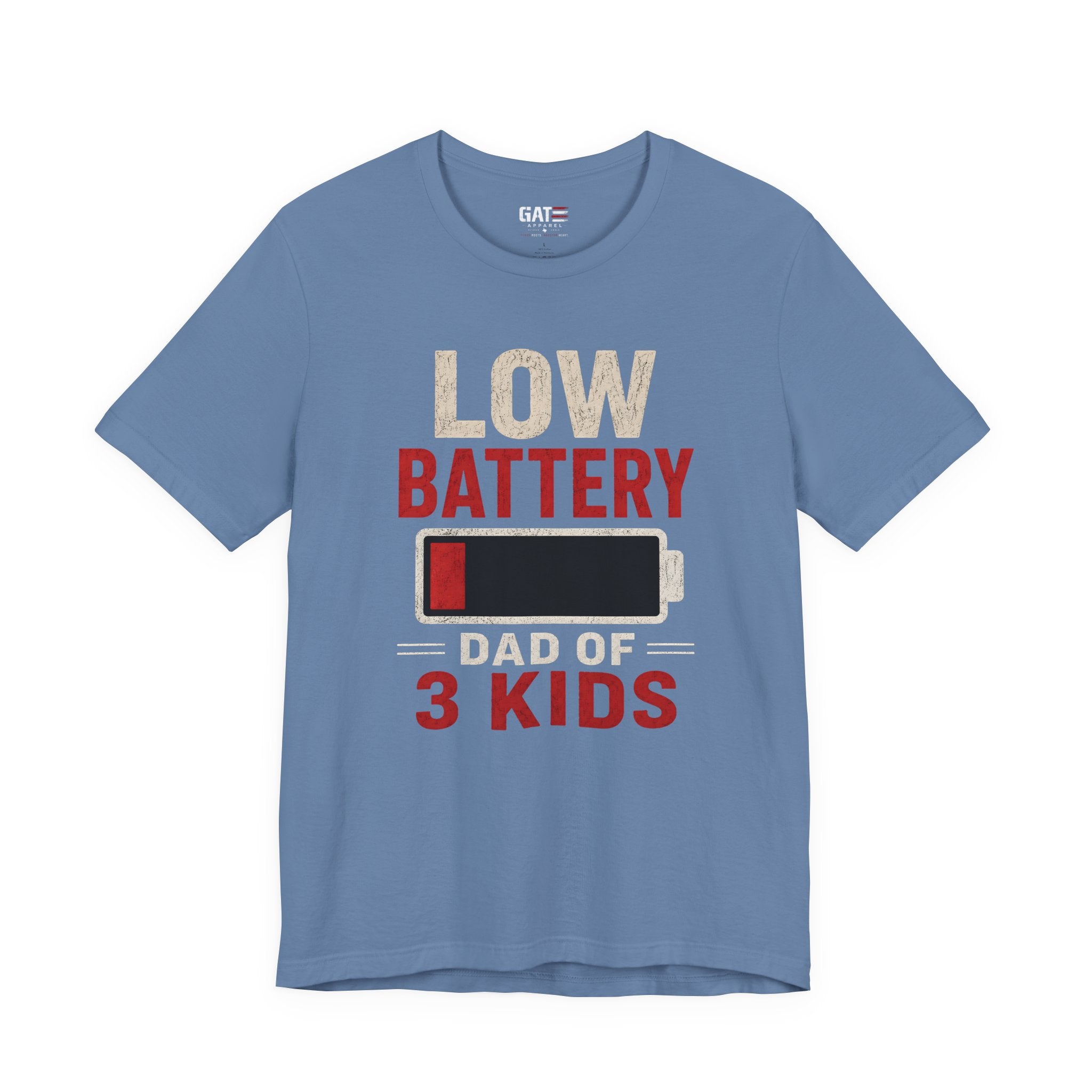 Low Battery Dad of 3 Kids Shirt, Funny Tired Dad Tee, Father of Four Gift, Parenting Humor Shirt, Exhausted Dad Graphic Tee