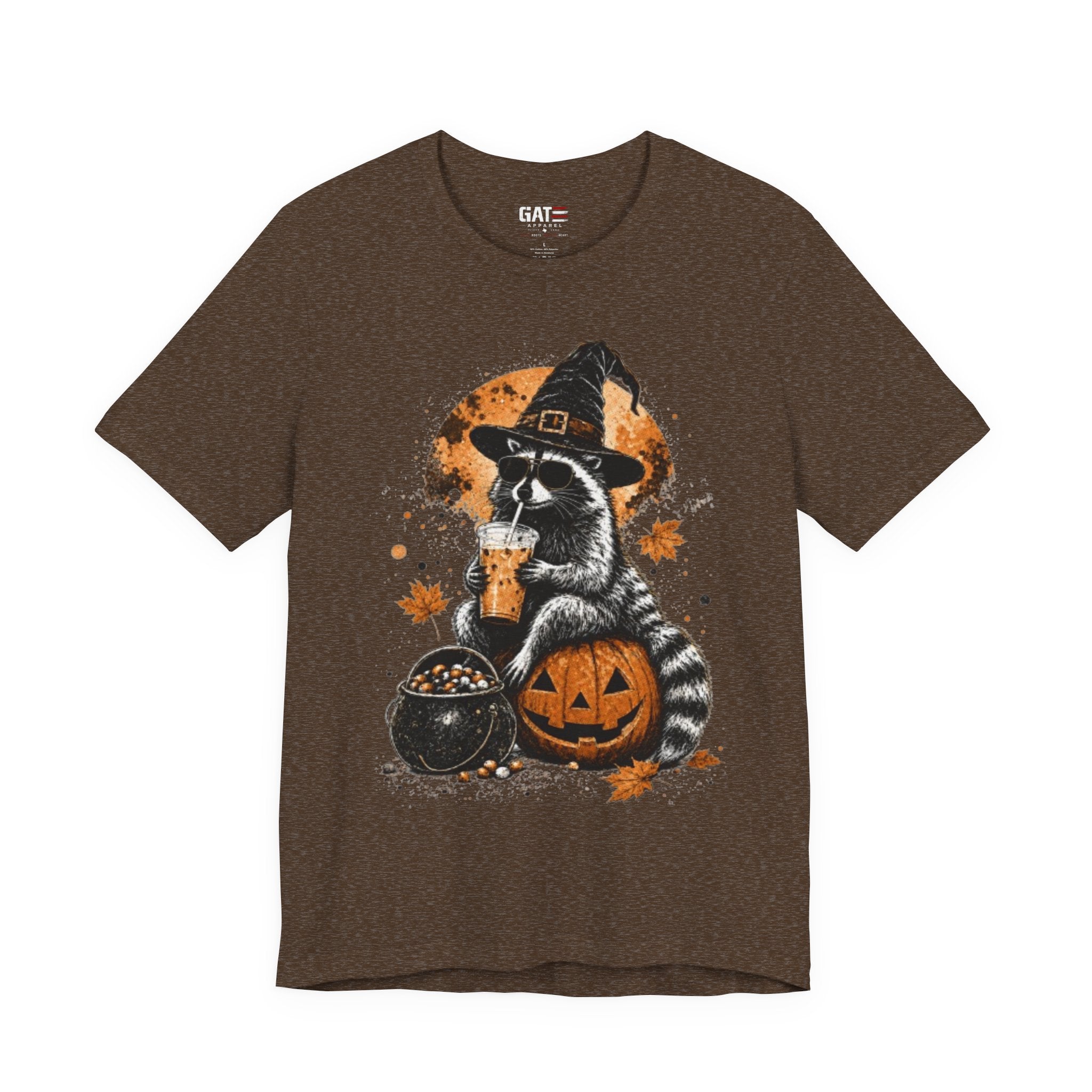 Halloween Raccoon Witch T-Shirt — Pumpkin & Cauldron Spooky Tee