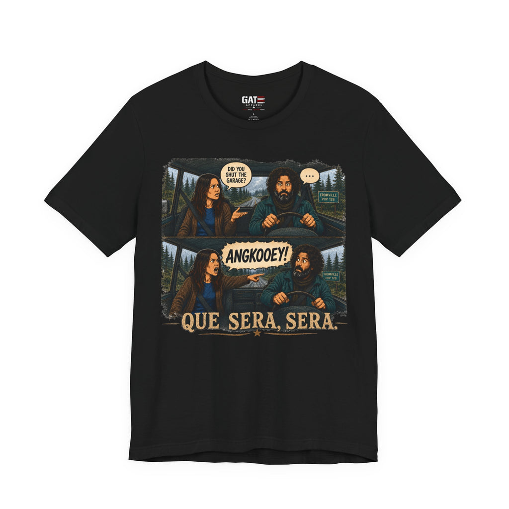 Que Sera Sera Graphic Tee — Retro Comic Forest Movie Quote T-Shirt