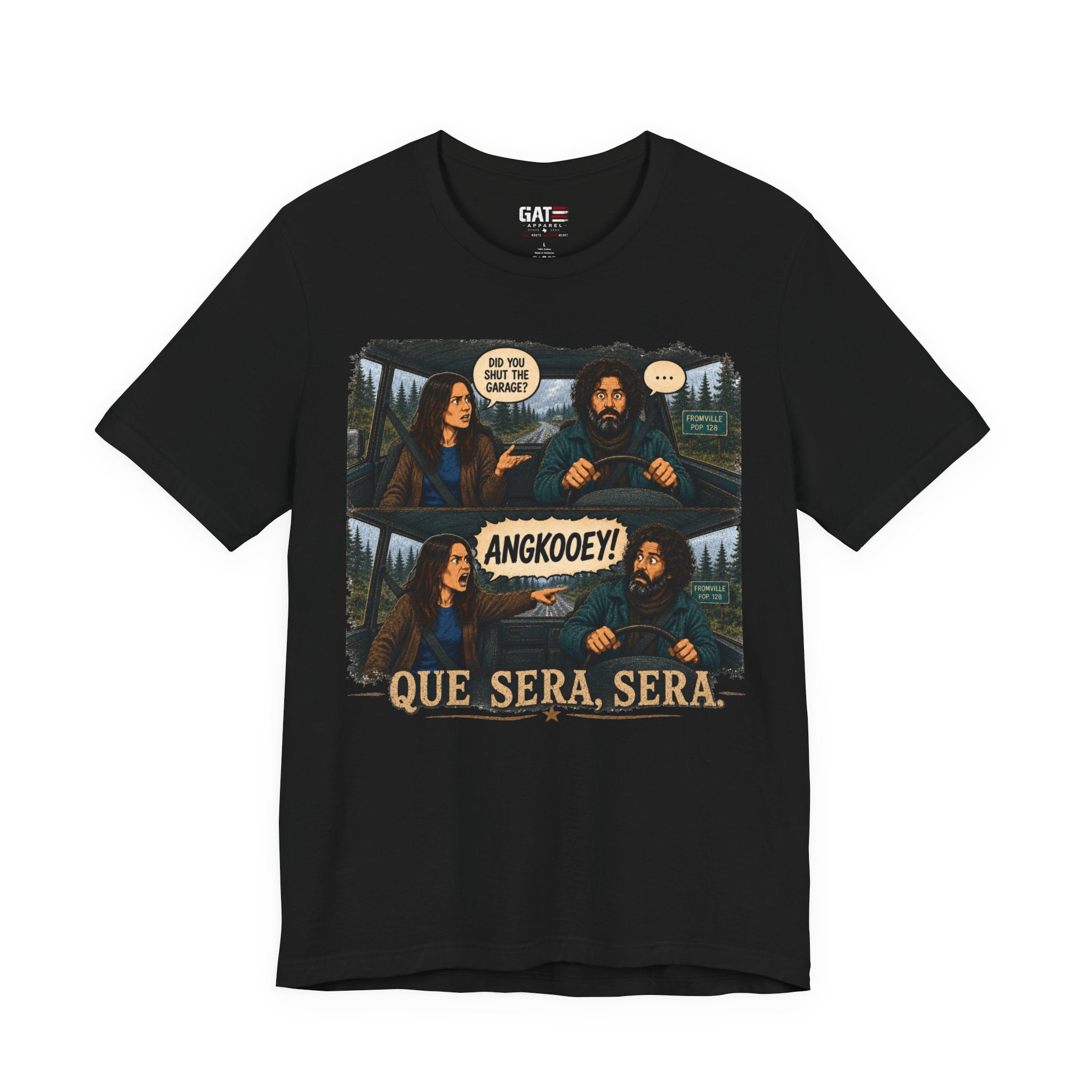 Que Sera Sera Graphic Tee — Retro Comic Forest Movie Quote T-Shirt