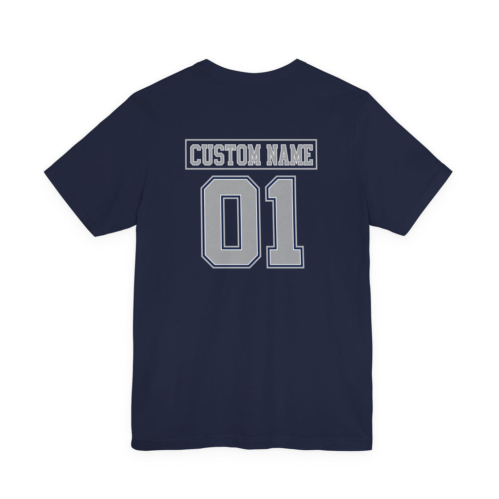 Custom Name and Number Shirt, Personalized Dallas Football Fan Tee, Blue and Silver Jersey Style Back Design