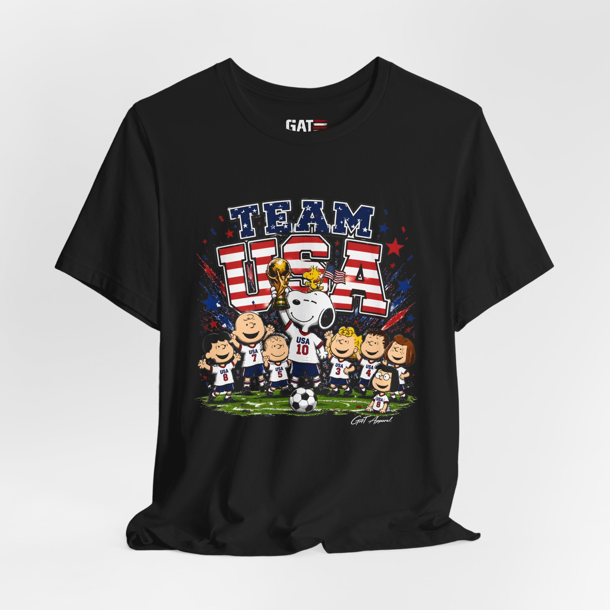 Team USA Soccer Peanuts Gang Shirt Patriotic Snoopy & Friends World Cup Celebration Tee