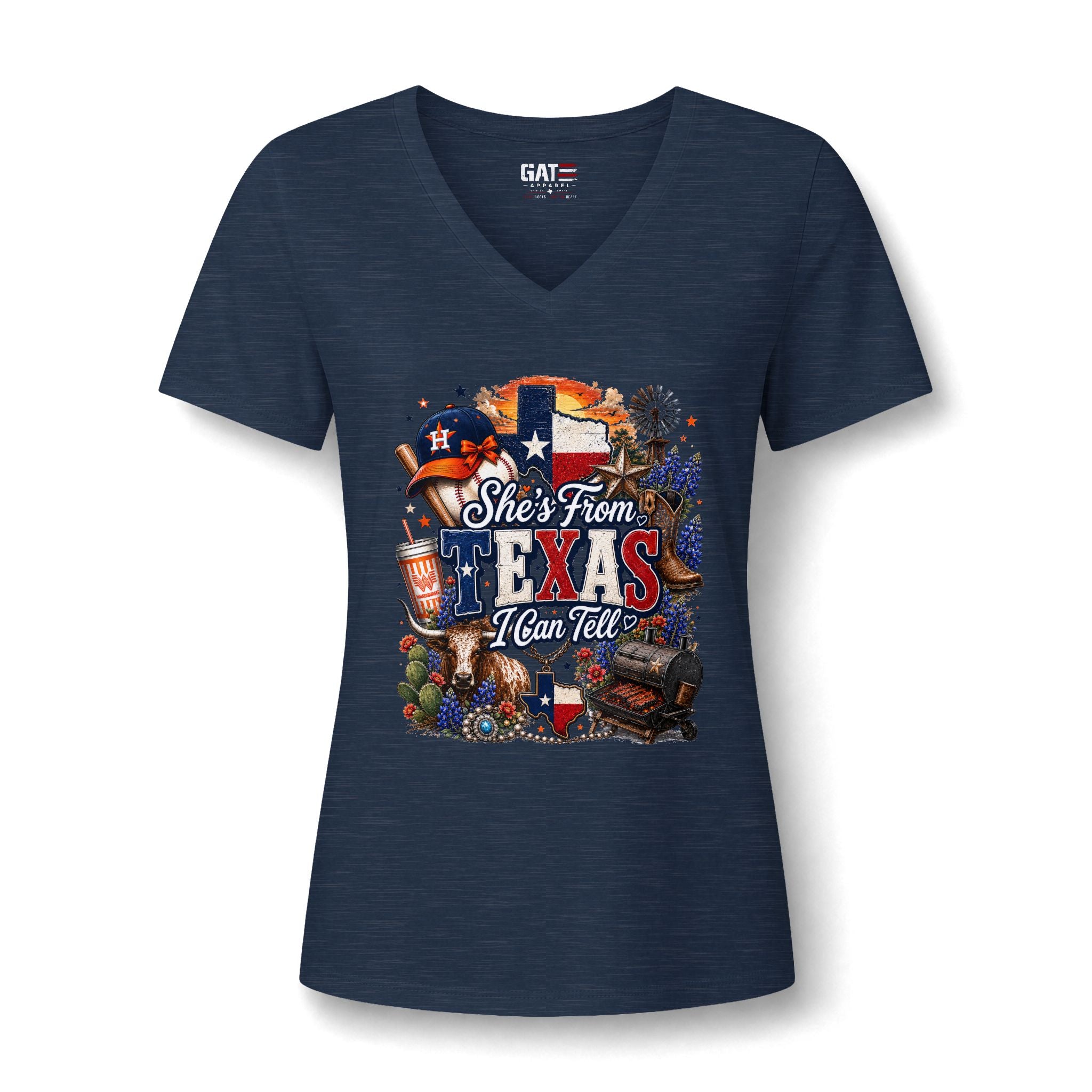 Texas Pride V-Neck Tee — "She's From Texas I Can Tell" Women's Relaxed Shirt