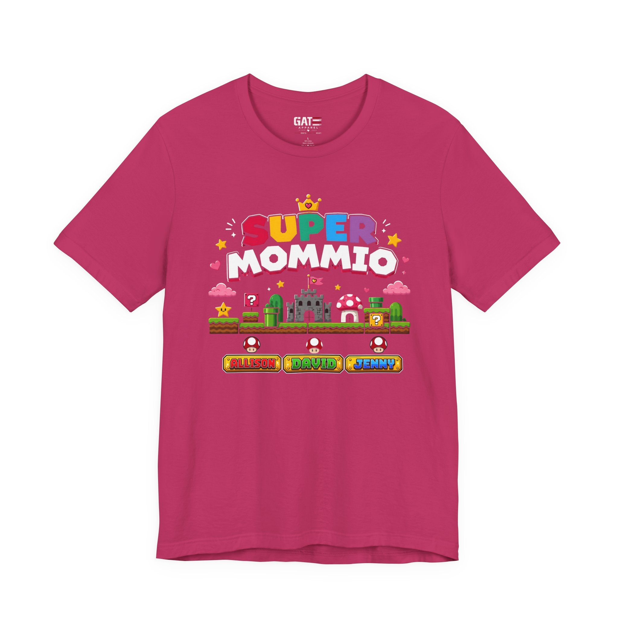 Personalized Super Mommio Shirt, Gamer Mom Shirt with Kids Names, Custom Mother's Day Gift, Retro Video Game Family Tee