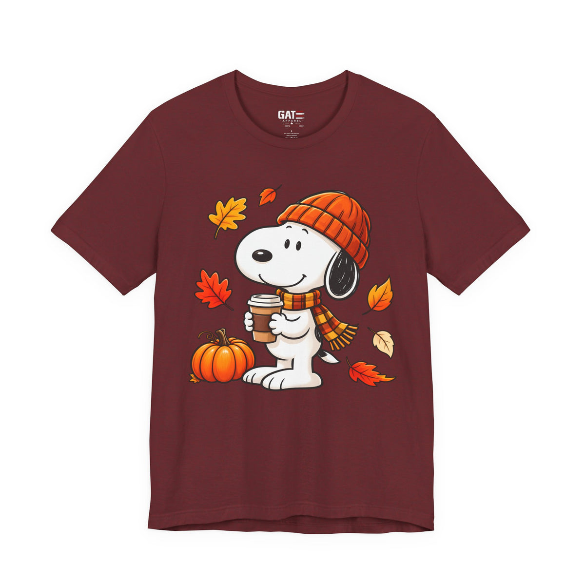 Snoopy coffee, pumpkins and autumn leaves graphic T-shirt, burgundy front view