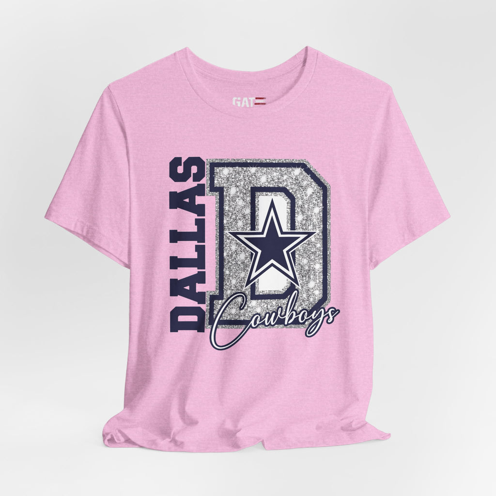 Dallas Football Glitter D Shirt, Blue and Silver Game Day Tee, Western Script Graphic Shirt, Sparkle Fan Apparel