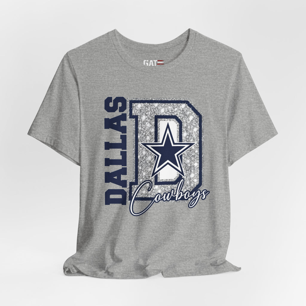 Dallas Football Glitter D Shirt, Blue and Silver Game Day Tee, Western Script Graphic Shirt, Sparkle Fan Apparel