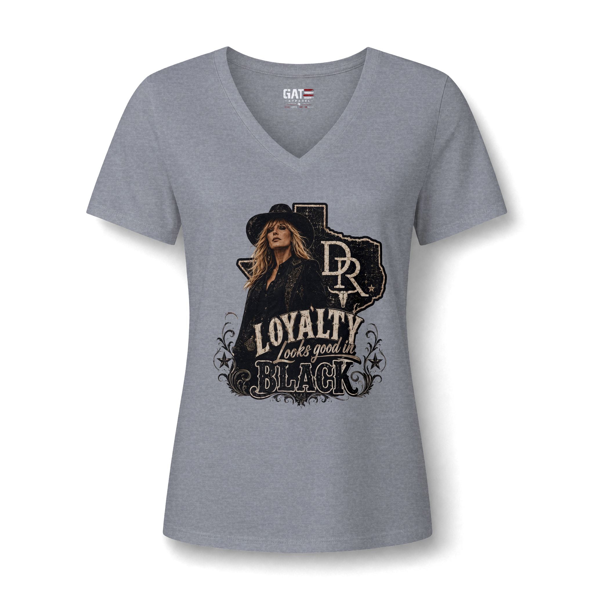 Women's V-Neck Tee — "Loyalty Looks Good in Black" Graphic