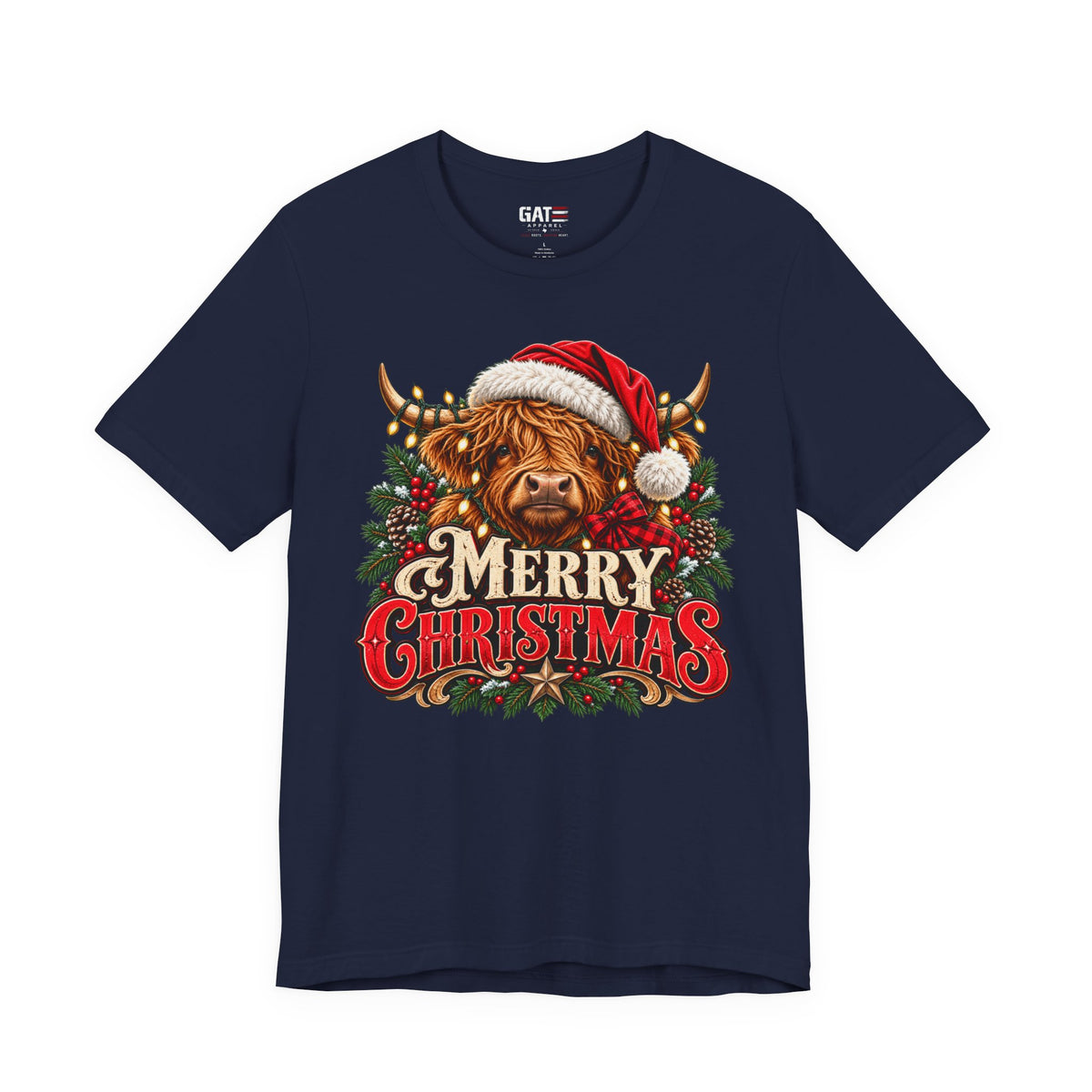 Highland cow Santa hat Merry Christmas graphic T-shirt, navy front view