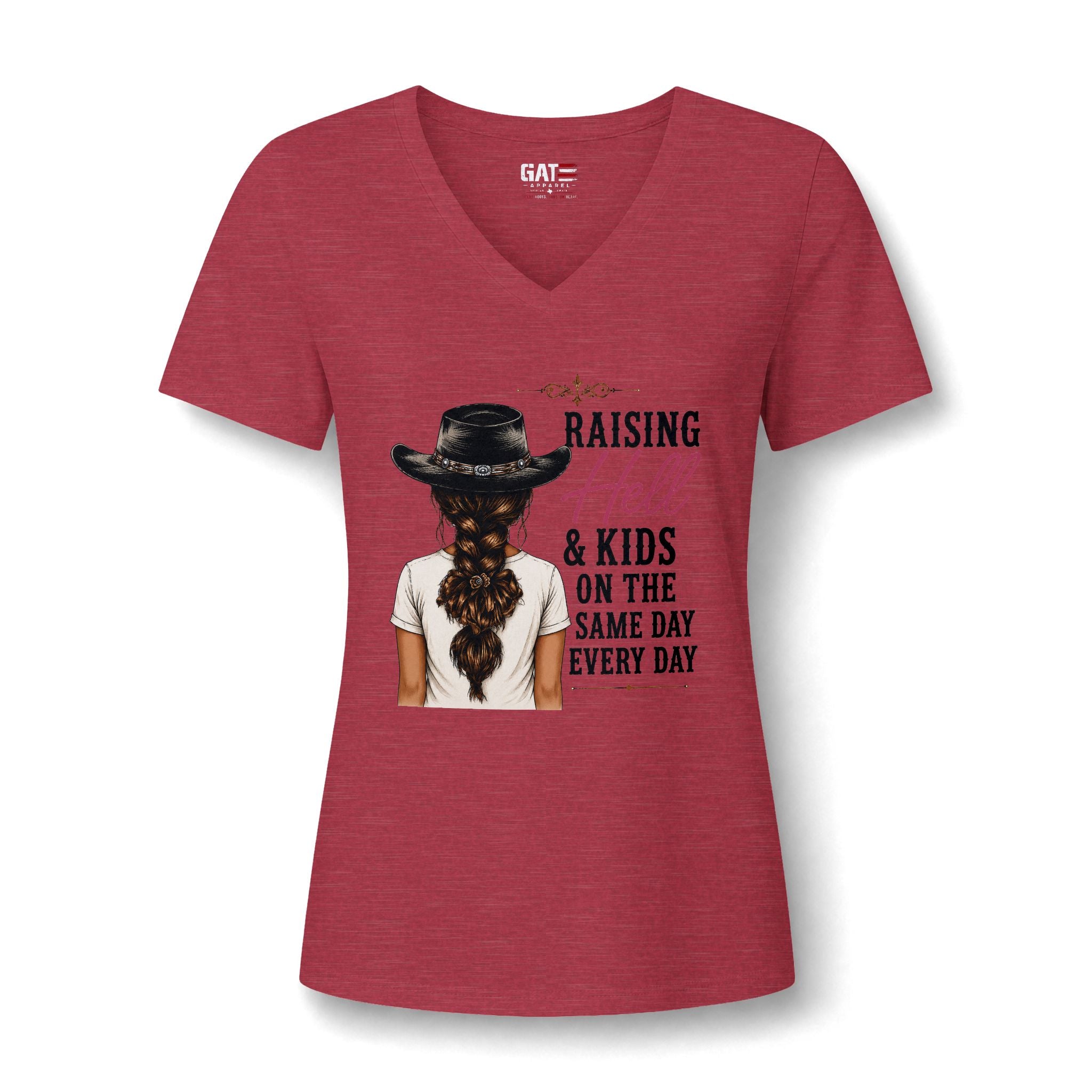 Women’s V-Neck Tee — “Raising Hell & Kids on the Same Day Every Day” Graphic