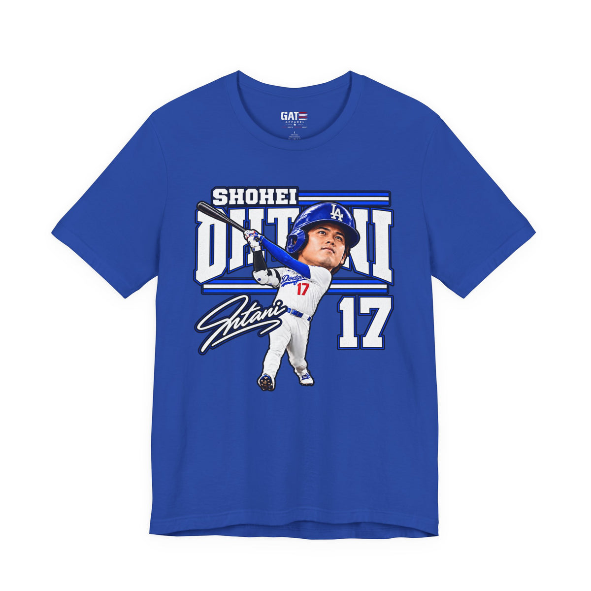 Shohei Ohtani number 17 Dodgers baseball graphic T-shirt, royal blue front view