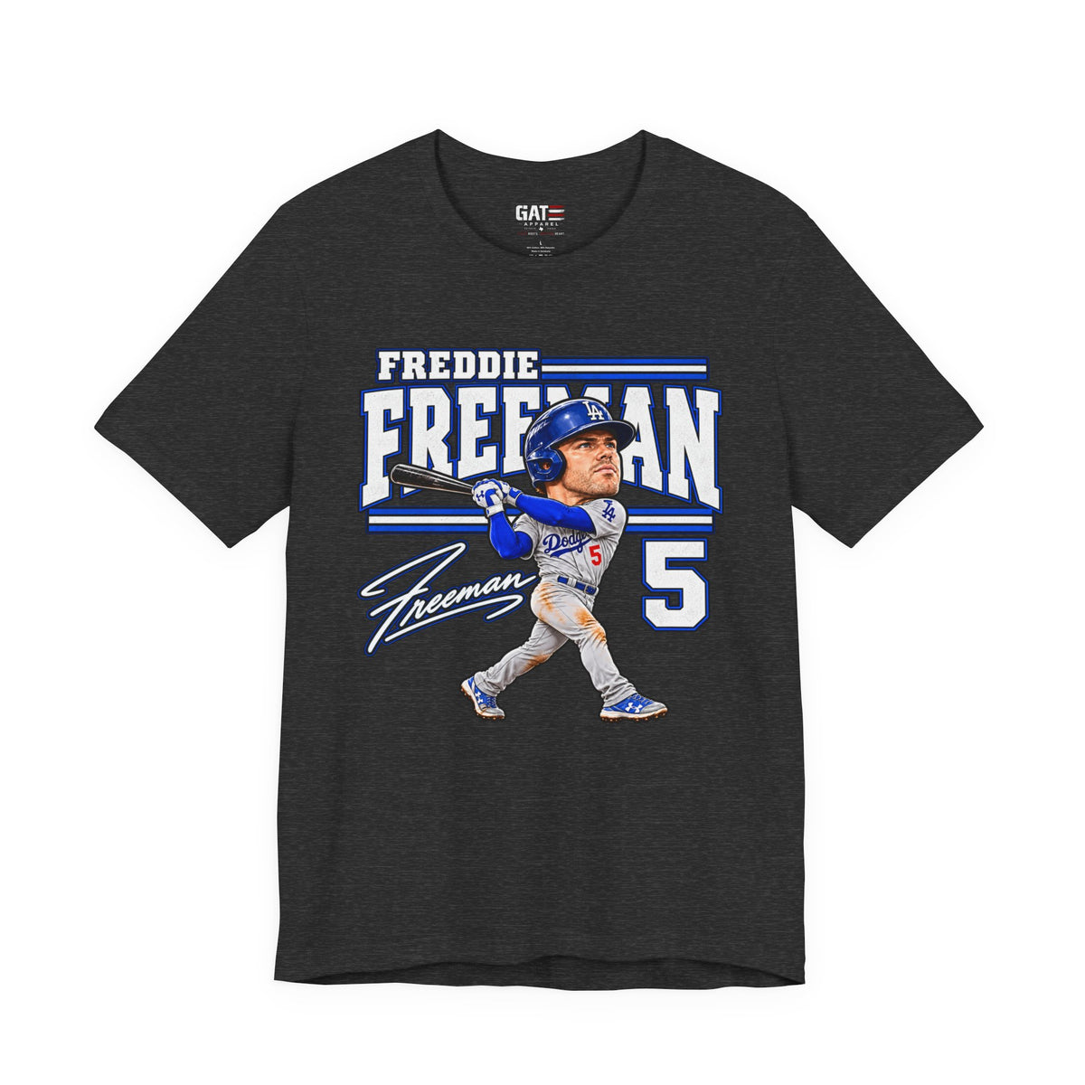 Freddie Freeman number 5 Dodgers baseball graphic T-shirt, dark heather grey front view