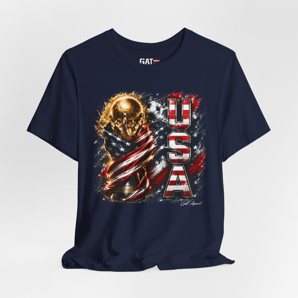 Team USA World Cup Patriotic World Cup Trophy Tee with American Flag & Bold USA Design