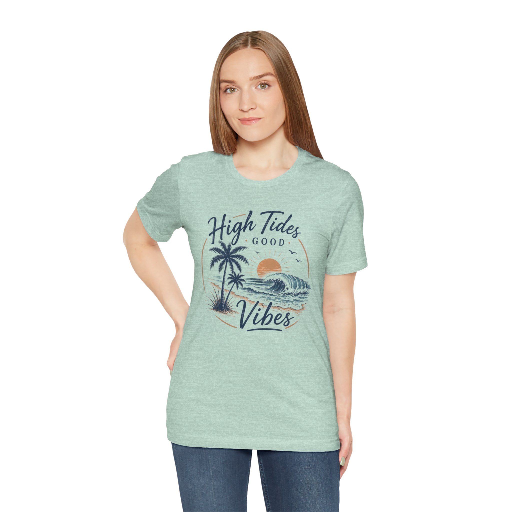 High Tides Good Vibes Beach T-Shirt — Sunset Palm Wave Graphic Tee