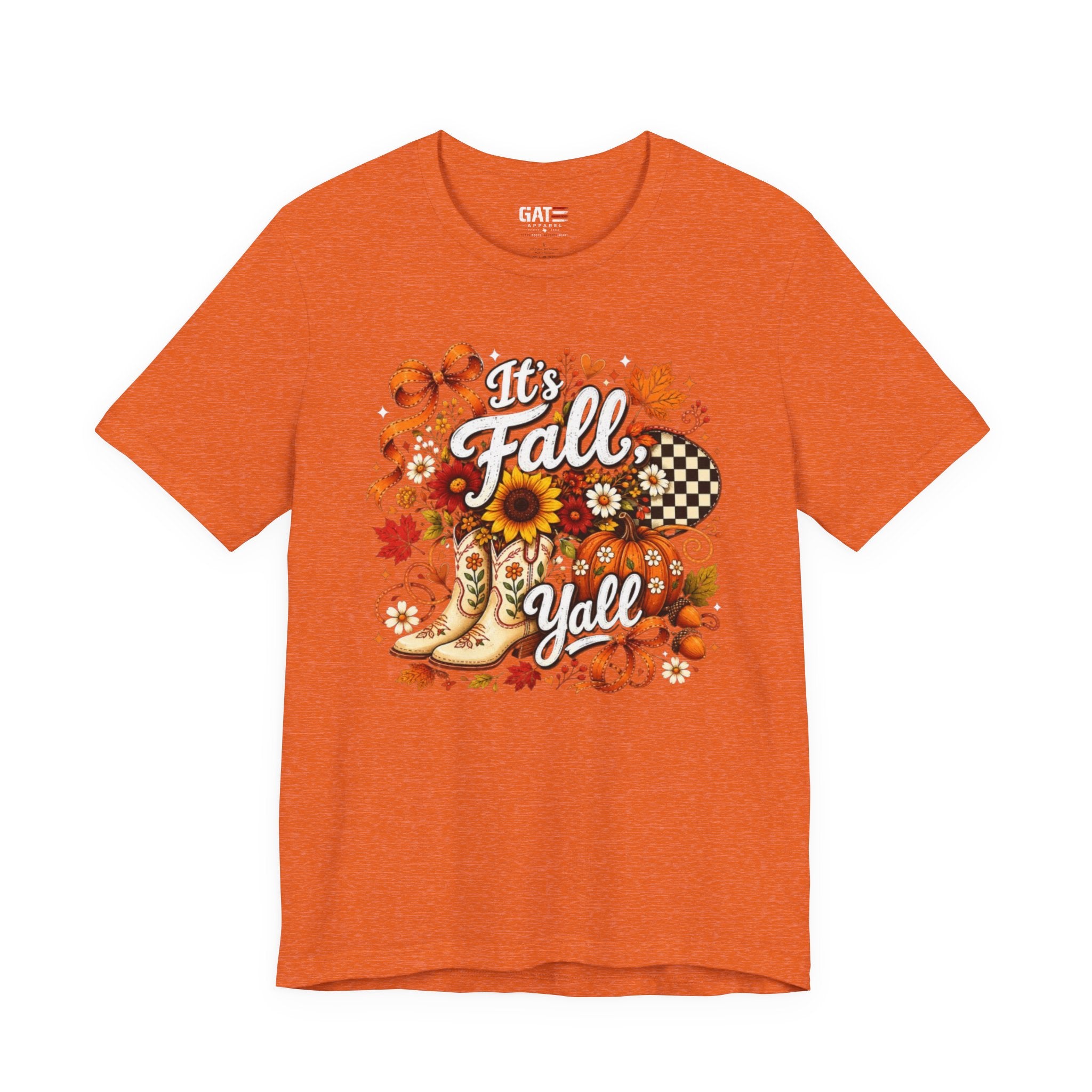 Fall Y'all Tee — Autumn Boots, Sunflowers & Plaid Graphic T-Shirt