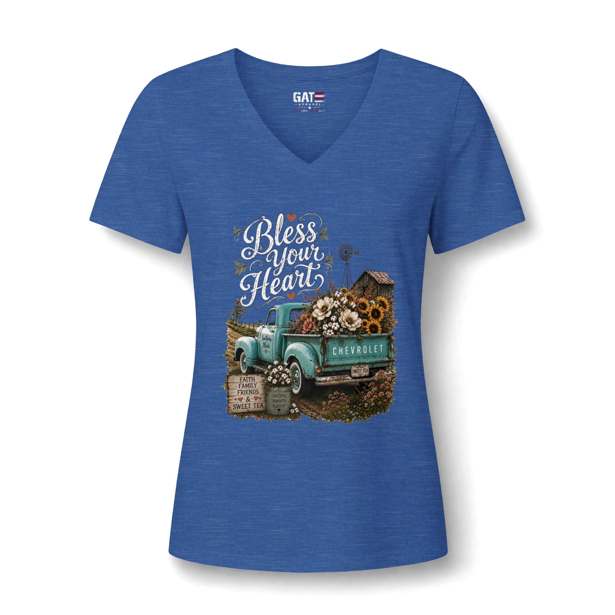 Vintage Blue Truck Sunflower V-Neck Tee — Farmhouse Floral Women's Shirt