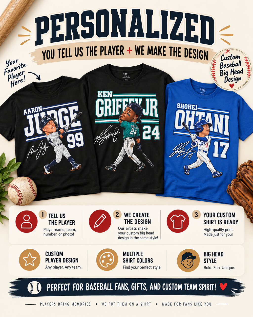 Custom Baseball Player Big Head Shirt | Personalized Baseball Graphic Tee